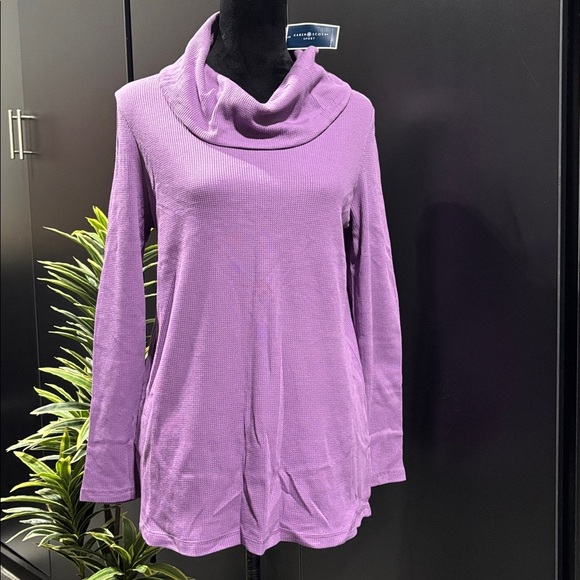 Karen Scott Waffle Knit,loose turtle neck,long sleeve,slit side,top,plum rosette - Picture 1 of 8